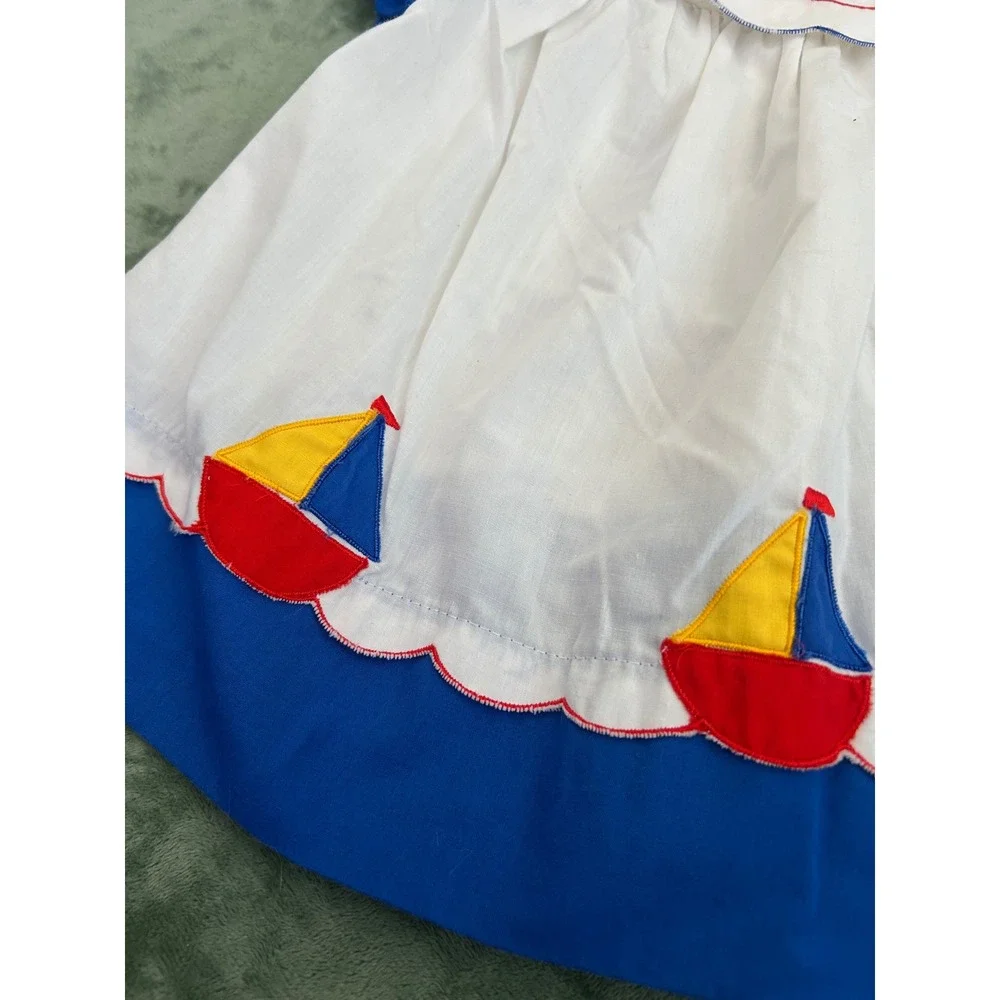 Vintage Kids Stuff Nautical Sailboat‎ Dress Blue White Scalloped 24m Nostalgia